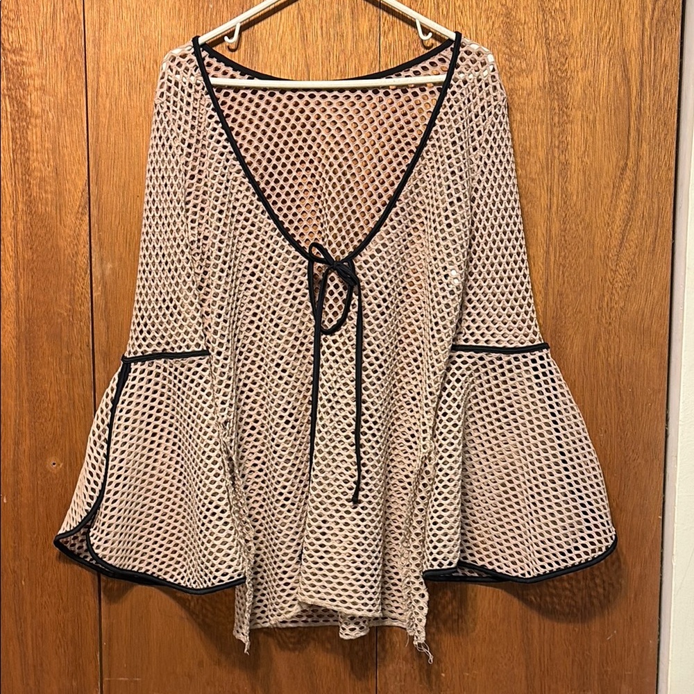 Black and tan Asymmetrical Tie Front bathing suit cover up